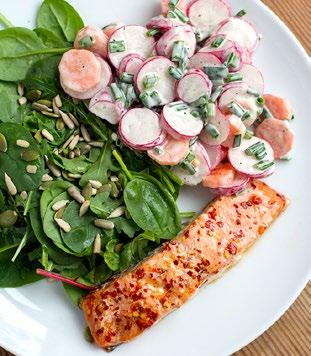 Salmon With Creamy Radish Salad & Spinach > > This meal is a no-cook, speedy version of a similar recipe in one of my reintroductions meal plans.