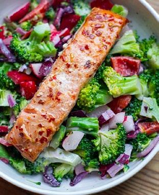 Chilli Salmon With Broccoli Salad > > Salmon: You can often find hot smoked or precooked salmon fillets in the seafood section of the supermarket.