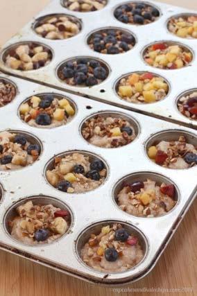 Set aside to cool slightly. Spray two 12-cup muffin tins with cooking spray and set out toppings in bowls. Divide the cooked oatmeal between the muffin cups, and top each with desired toppings.