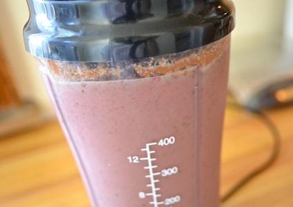 combine the ingredients for each smoothie except the liquid.