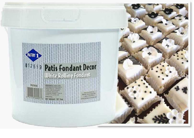 4 LB Pail White Rolled Fondant Patis Decor White pastry fondant for dipping and enrobing. Ingredients: Cane sugar, glucose syrup, water.