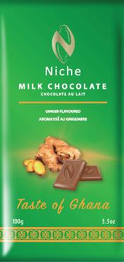 MILK CHOCOLATE - GINGER FLAVOUR Origin: 100% Ghana Cocoa Ingredients: Milk, Sugar, Cocoa butter, Cocoa mass, Soy lecithin