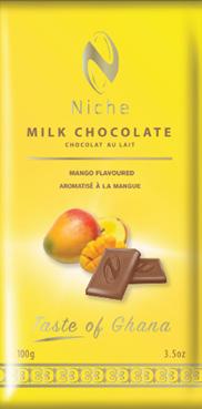 MILK CHOCOLATE - MANGO FLAVOUR 38% Cocoa Content Origin: 100% Ghana Cocoa Ingredients: