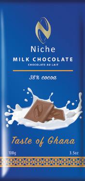 MILK CHOCOLATE 38% Cocoa Content Origin: 100% Ghana Cocoa Ingredients: Milk, Sugar, Cocoa butter, Cocoa mass, Soy lecithin (emulsifier), Vanillin. Cocoa Solids: 38% Min. Milk Solids: 15% Min.