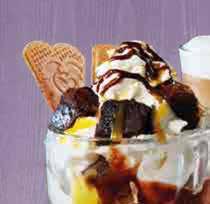 59 Vanilla ice cream with Mint Aero bubbles, chocolate brownie pieces, fluffy cream, Belgian chocolate sauce and a wafer. CADBURY LOVERS SUNDAE V 4.