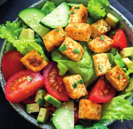 Tofu salad bowl (makes enough for tomorrow). Cook 4 new potatoes in a pan of boiling water until tender. Drain and set aside to cool. Coat 200g firm tofu cut into cubes in cornflour.