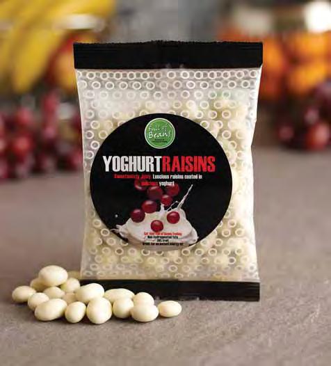 Yoghurt Raisins Sweetasticly Juicy; Luscious raisins coated in delicious yoghurt Non hydrogenated fats 29% fruit Great for an instant energy hit Recipe contains Soya,