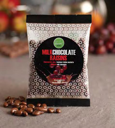 Milk Chocolate Raisins Choctasticly Juicy; Luscious raisins coated in milk chocolate Non hydrogenated fats 45% fruit Great for an instant energy hit Recipe contains Soya,