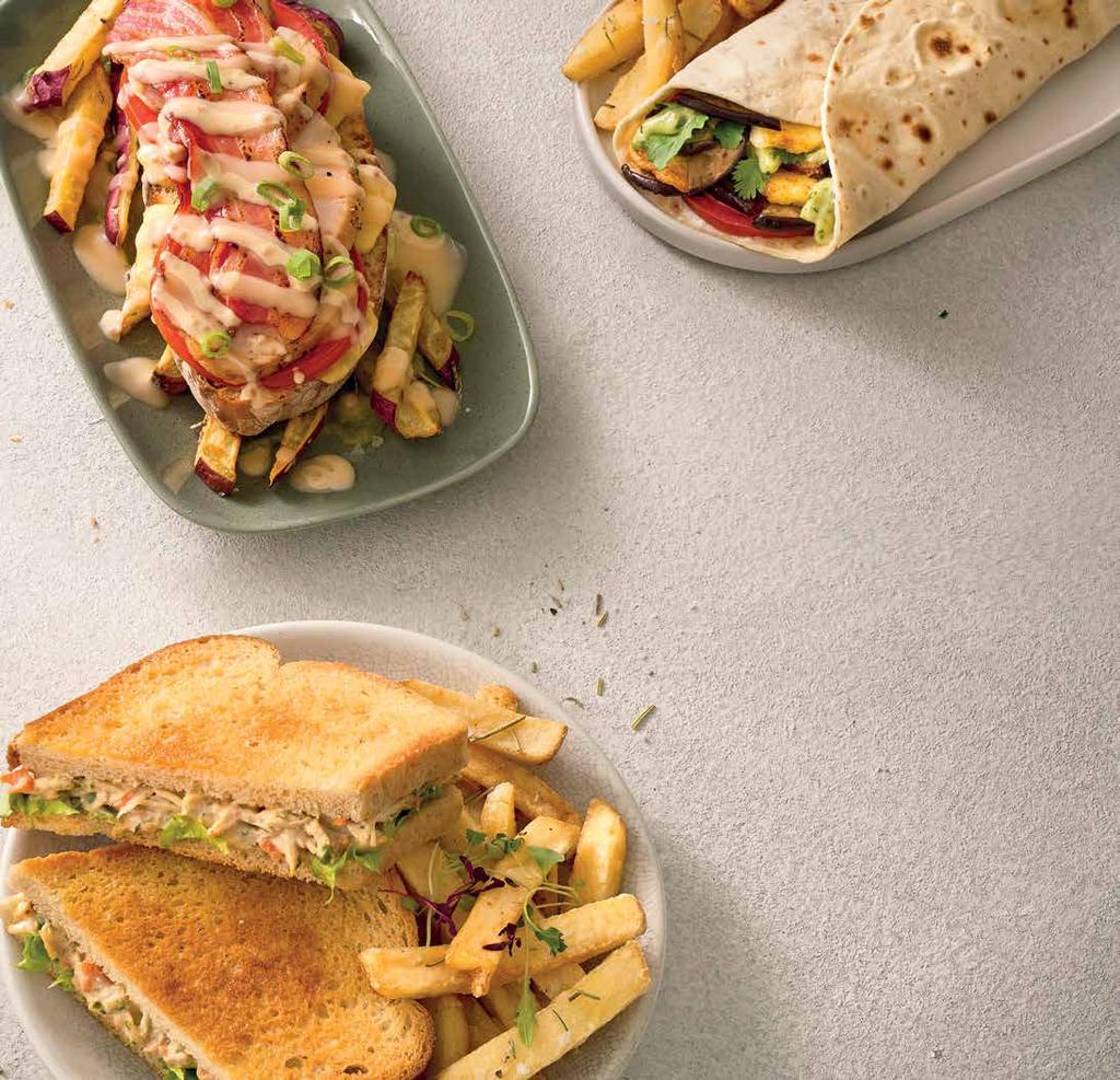 FOLDED FILLERS A warm & toasted artisanal wrap, loaded with tasty fillings & served with your choice of M&B rosemary-salted fries, sweet potato fries or an M&B side salad.