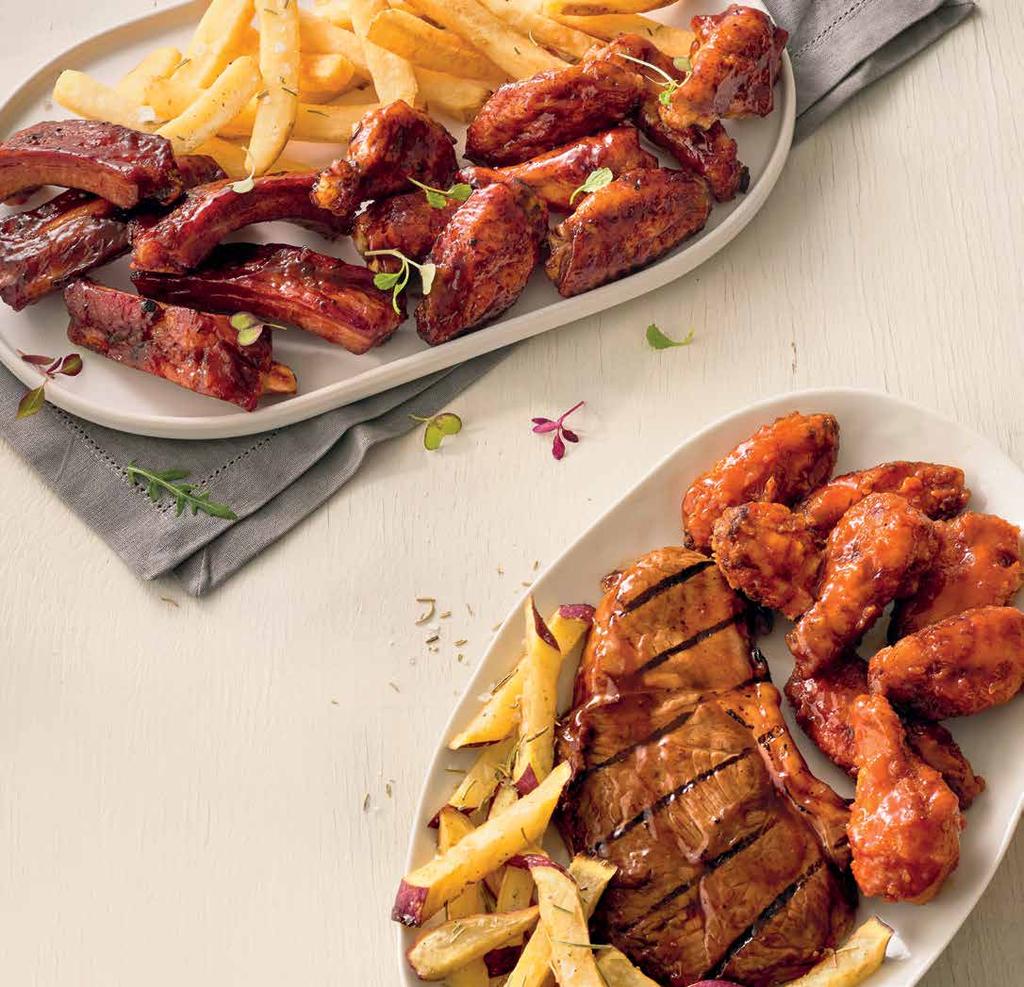 HEARTY AND GENEROUS All served with M&B rosemary-salted fries, sweet potato fries or an M&B side salad. Rib & Wing Combo, 200g chargrilled BBQ beef ribs & BBQ Buffalo chicken wings. 129.