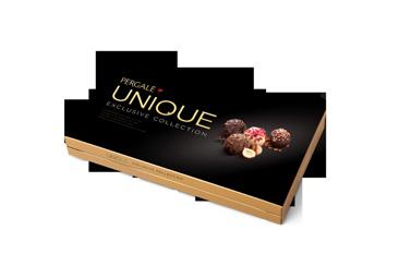 PERGALE Dream: round-shaped luxury chocolates in a metal foil. Inside, there are types of centres: vanilla and chocolate.