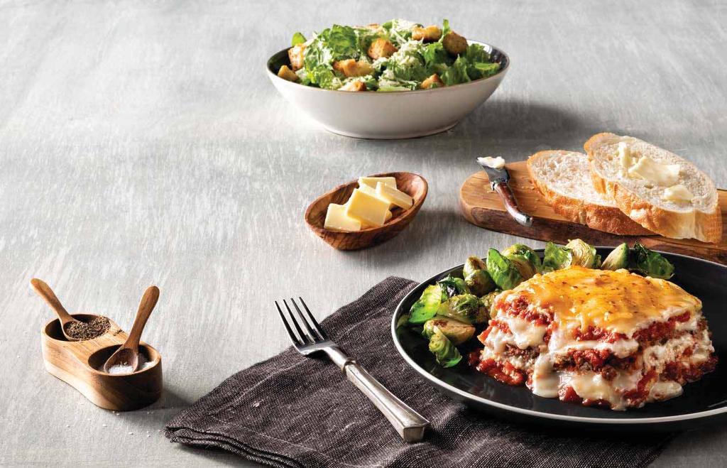 DINNER italian meal DIVE INTO THESE saucey FAVORITES ENTRÉE (CHOOSE ONE) Homestyle Lasagna: Layered pasta, mozzarella, ricotta and ground beef in a tomato basil marinara sauce Chicken Alfredo: