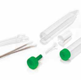 Conical bottom centrifuge tube One strainer One plunger Screw caps for 15 ml tubes 15 ml Triton X-100 5 spoons Rack for 15 ml centrifuge tubes Applicator swabs Biohazard bags Instructions for use