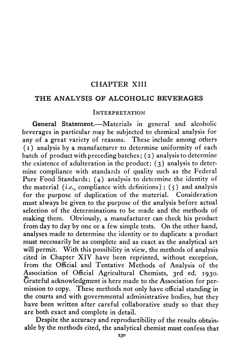 CHAPTER XIII THE ANALYSIS OF ALCOHOLIC BEVERAGES INTERPRETATION General Statement.