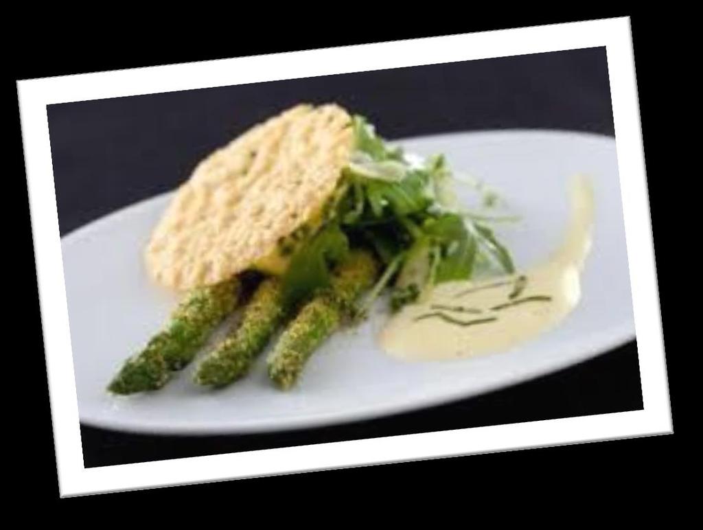 GLAZED ASPARAGUS WITH BASIL SABAYON, PARMESAN TUILES AND ROCKET Step 1 : Green asparagus : 1 bunch Unsalted butter : 40 g Shallot : 1 whole Fine salt : 6 pinches Piment d Espelette : 6 pinches Chive