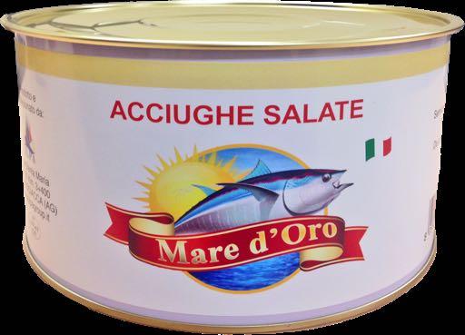 Alici salate Salted Anchovies 5 kg Contenuto netto 5 Kg Peso sgocciolato 4 Kg Peso lordo 5,490 Kg Net Weight 5 Kg Drained Weight 4 Kg Gross Weight 5,490 Kg Acciughe, sale e