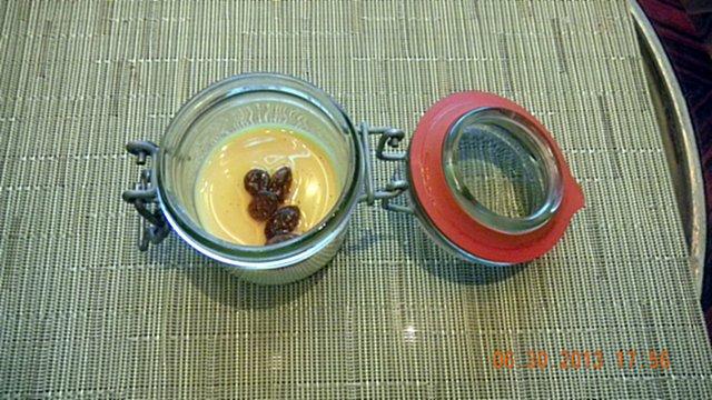 0 0 Sun, Jun 30, 2013 49 Crème Caramel with Rum Raisins in Chinese From the Dessert Buffet Table - Part of Sodashi tea set.