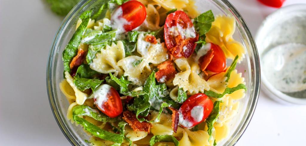 SIDES BLT Pasta Salad *Recipe makes 6 servings* 2 ½ cups bowtie pasta 6 cups romaine lettuce 1 cup halved cherry tomatoes 3 strips uncured bacon, cooked + crumbled 1 tablespoon barbecue sauce ½