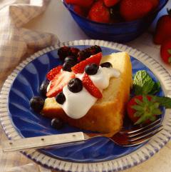 Angel Cake with Berries and Cream This heavenly dessert starts with angel food cake either a homemade or a bakery cake will do. Top cubes of cake with creamy custard and fresh berries.