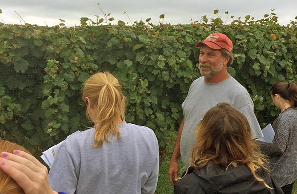This year they visited with Lenz vineyard manager Sam McCulloch (left) and Bedell Cellars' winemaker Rich Harbich. Both are veterans of the Long Island grape industry since the 1980s.