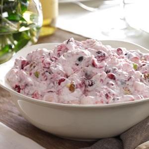 Creamy Cranberry Salad 3 cup fresh or frozen cranberries, chopped 1 can crushed pineapple, drained 2 cups miniature marshmallows 1 medium apple, chopped 2/3 cup sugar 1/8 tsp salt 2 cups heavy