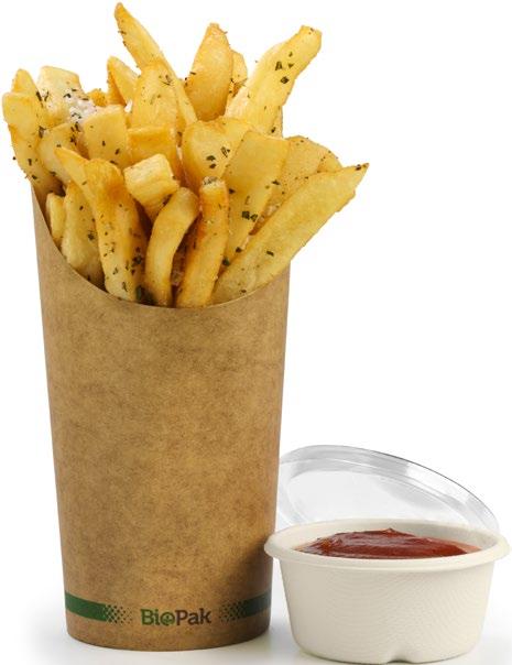 CHIPS n'sauce Custom printing FSC certified paper Ingeo bioplastic lining Hot + Cold friendly Commercially compostable Use Material End of life Hot and cold use FSC certified paper, Ingeo bioplastic
