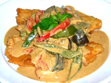 95 Crispy fried fish filet (Swai) smothered with stir-fried eggplant, bamboo shoots, bell peppers, and basil leaves in a delicious chili-cream sauce. Served with Jasmine rice. 39 40.