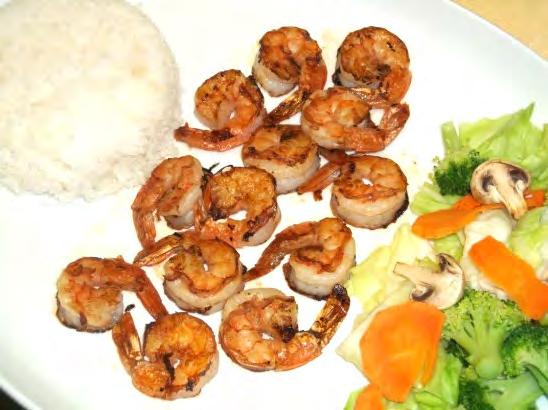 95 Marinated chicken breast meat grilled and topped with teriyaki sauce & sesame seeds, paired with select Shrimp seasoned then grilled. Served with stir-fried vegetables and Jasmine rice. 45 44.