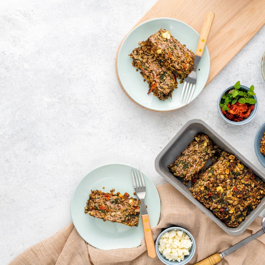 B l e n d s mediterranean lentil meatloaf 1 9X13 LOAF 10 MINS PREP 45 MINS TOTAL lentils, whole red, cooked, drained 1/2 lb (250 g) ground beef 1 lb (500 g) sundried tomato, soaked and roughly
