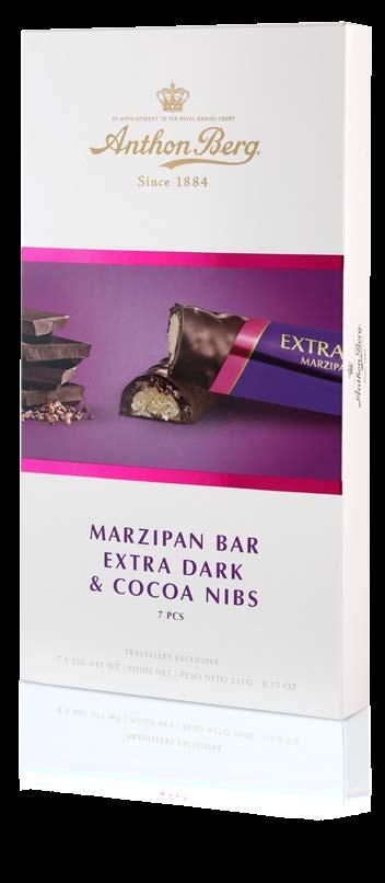 w ANTHON BERG MARZIPAN BARS Modern design Dark chocolate-coated marzipan bars. Seven marzipan bars, tastefully wrapped.