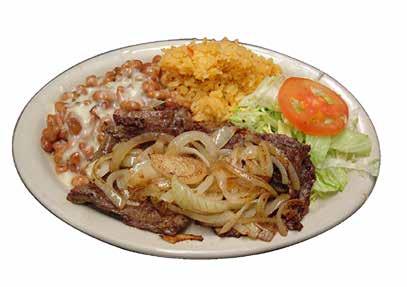 9 Carne Tampiqueña Steak Tampico-style, One(1) Cheese enchilada, rice, beans &