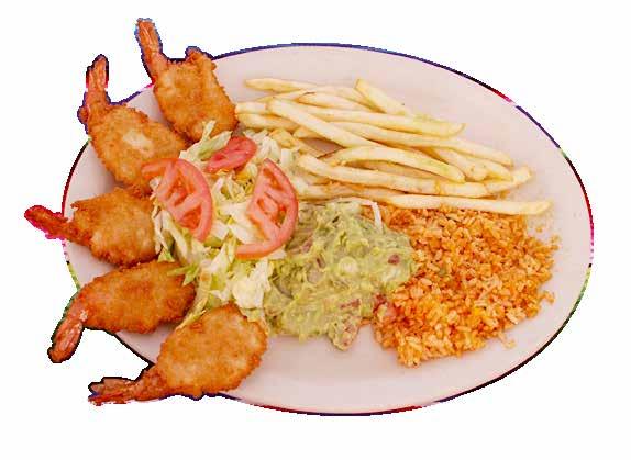 21 Fried Shrimp Fried Shrimp served with french fries, refried beans & guacamole. $7.49 No.