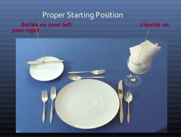 TABLE SETTING Solids to the left Liquids to the right. Hand Trick - b read and d rink. Pick up silverware from the outside in toward your plate.