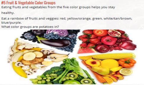 #5 Fruit & Vegetable Color Groups As this picture shows, fruits and vegetables come in all different colors and they fall into five color groups.