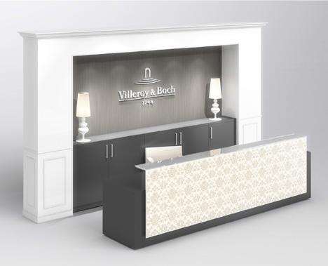 DISPLAY Design elements Reception Reception counter, consisting of furniture unit with dark brown body and tiled front and glass shelf painted white.