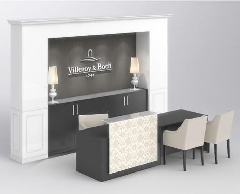 DISPLAY Design elements Reception with Workstation Reception counter with table for meetings, consisting of furniture unit with dark brown body and tiled front and glass shelf painted white extending