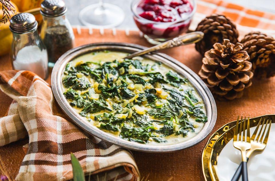 20 min. CREAMED SPINACH 1 yellow onion 4 cloves garlic 1 lb baby spinach 13-oz can coconut milk ¼ cup nutritional yeast 1/4 tsp ground nutmeg 1 tsp vegetable or coconut oil Peel and dice the onion.
