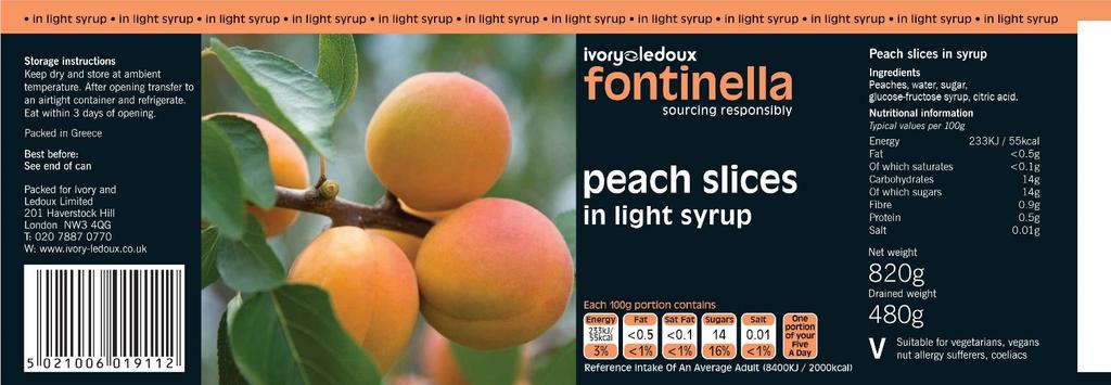 Product Specification Product Name: Peach Slices in Light Syrup Product Details Legal Product Name: Peach Slices in Light Syrup Brand Name: Fontinella Marketing
