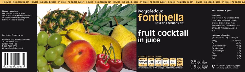 Product Specification Product Name: Fruit Cocktail in Juice KC3 Product Details Legal Product Name: Fruit Cocktail in Juice Brand Name: Fontinella Marketing Description: Fruit Cocktail in Juice