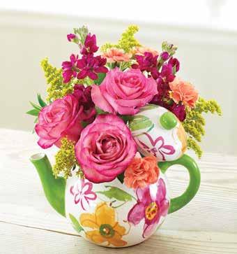 Pink or Heather Stem 1 1.5 Matsumoto Aster Pink Daisy Pom or Mini Carnation Stem 1 0 Myrtle Variegated Pittosporum, Stem 1 1 or Seeded Eucalyptus CODIFIED TEAPOT FULL OF BLOOMS #143165 S $49.99 9.