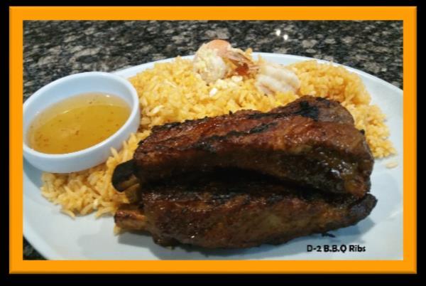 00 PM Served with Steamed or Fried Rice (No meat),(for ** Choice of Chicken, Pork, or Beef) L 1. B.B.Q. Chicken (Half) L 2. B.B.Q. Ribs (2 pcs) L 3. Black Pepper Garlic ** L 4. Orange Chicken L 5.
