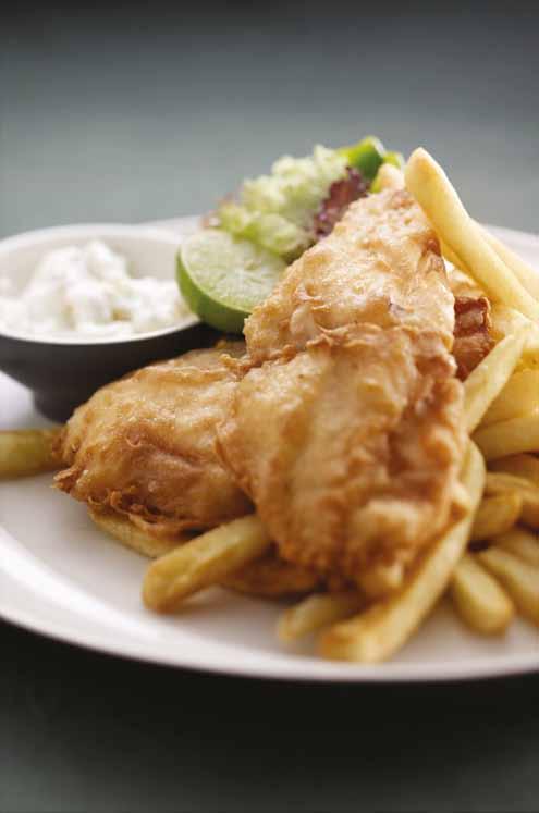Main Course Rasa Fish and Chips Fried in crisp batter, served with French fries, tartar sauce, malt vinegar and lemon Pinang Bar Chicken Chop Deep-fried crispy chicken chop, French fries,served with