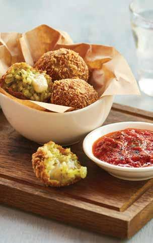 SICILIAN ARANCINI / 42 {V} Crispy fried rice balls filled with courgette and Gorgonzola cheese. Served with a spicy tomato arrabiata sauce.