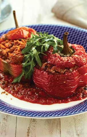 STUFFED PEPPERS / 58 {V} Roasted, whole red peppers filled with brown lentils, aubergine, tomatoes, olives, capers and Parmesan cheese. Served with spicy tomato arrabiata sauce.