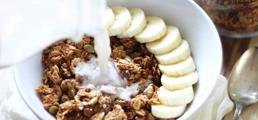 Banana Coconut Granola 1 HOUR 15 MINUTES INGREDIENTS Oats (rolled or old fashioned) Unsweetened Coconut Flakes Pumpkin Seeds Cinnamon Sea Salt Banana (ripe, mashed) Coconut Oil (melted) NUTRITION 300