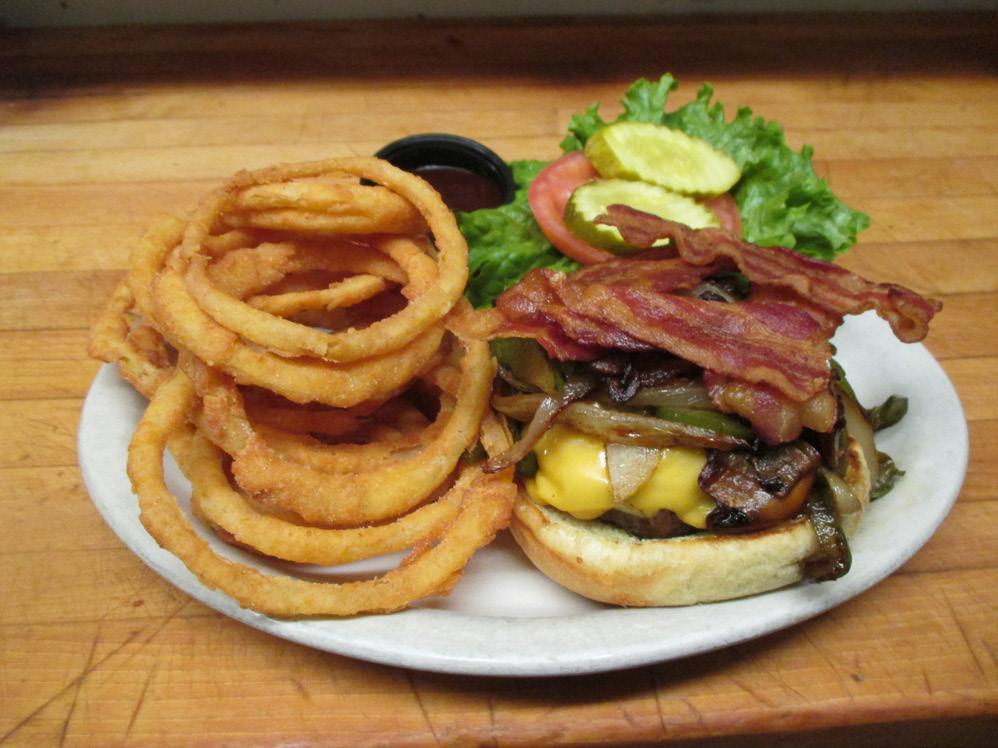 49 *Bacon Cheeseburger Crispy bacon and your choice of cheese ~ $9.99 *The Eagle (A House Favorite) Choice of cheese, crisp bacon, caramelized onions and BBQ Sauce ~ $10.