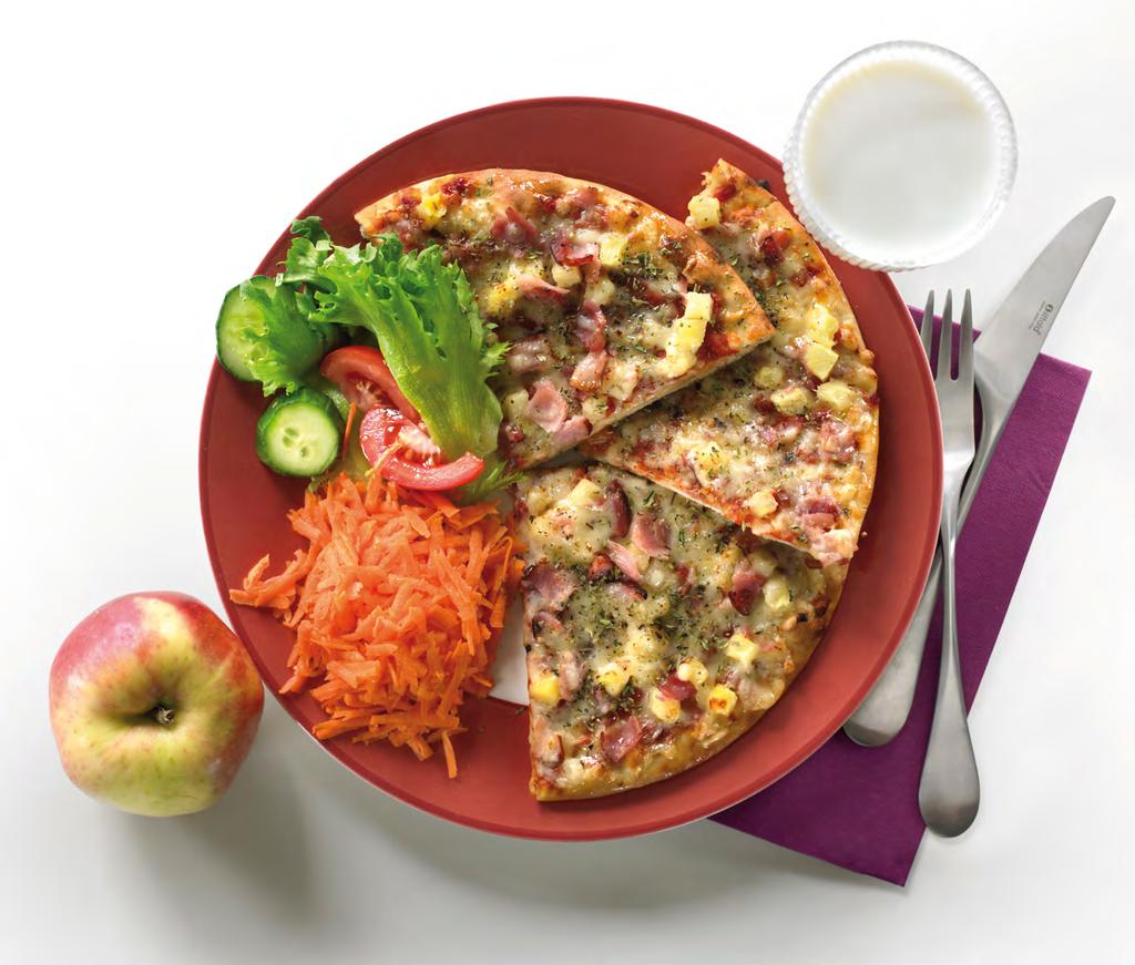 Ham pizza 65 Pizza with ham and pineapple 26 g Green salad 5 g 5 g Salad dressing 5 g 2 dl Apple 185 g Pizza with ham and pineapple Green salad Salad dressing Apple Pizza with ham and pineapple Green
