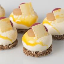 Single Portions Peach Melba Cheesecake (nut free) white chocolate crunchy biscuit base lemon &