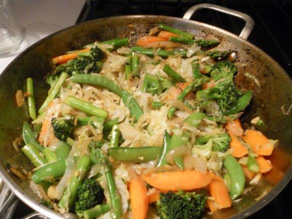 Spring Vegetable Stir Fry Yield: 2-4 servings 1 medium onion, sliced into half moons 2 carrots, sliced on the diagonal and cut into half moons 3 cloves garlic, chopped 2-3 Tb ginger, peeled and