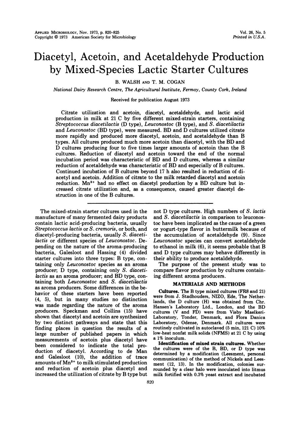 APPLIED MICROBIOLOGY, Nov. 1973, p. 820-825 Copyright 0 1973 American Society for Microbiology Vol. 26, No. 5 Printed in U.SA.